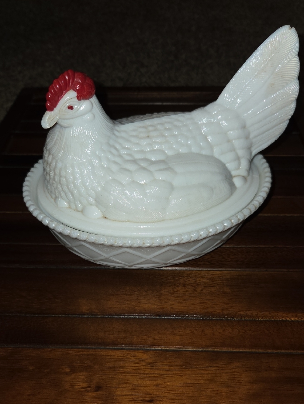 White Hen on Nest Covered Dish with Red Comb